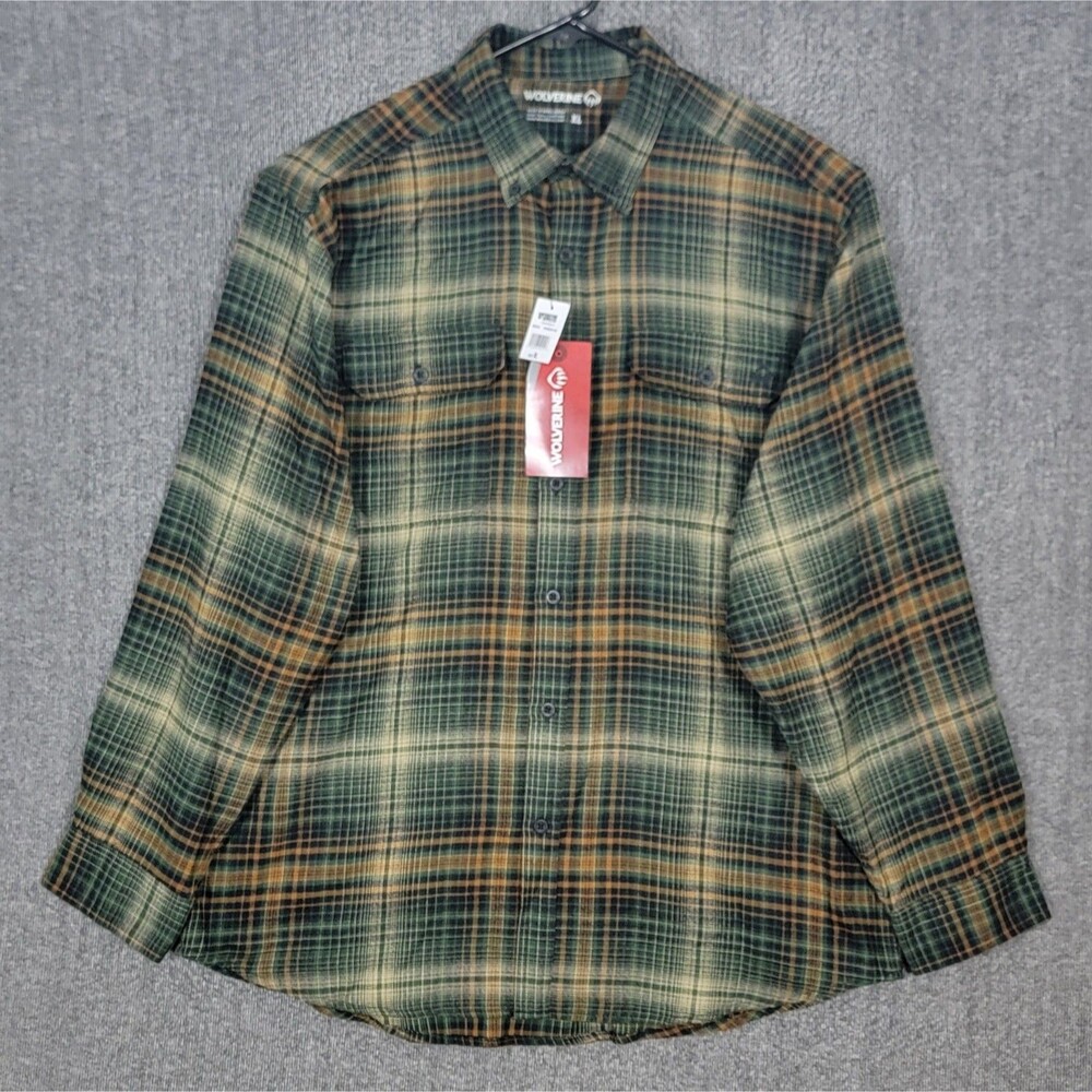 Wolverine Shirt Mens XL Green Black Brown Plaid Flannel Long Sleeve Button Down